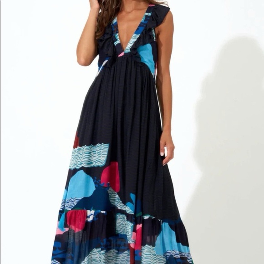 Oliphant Maxi Dress- Pacifica Black, ruffle sleeves, jewel tones - Large